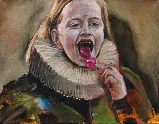 Tudor licking Lollipop, oil on canvas